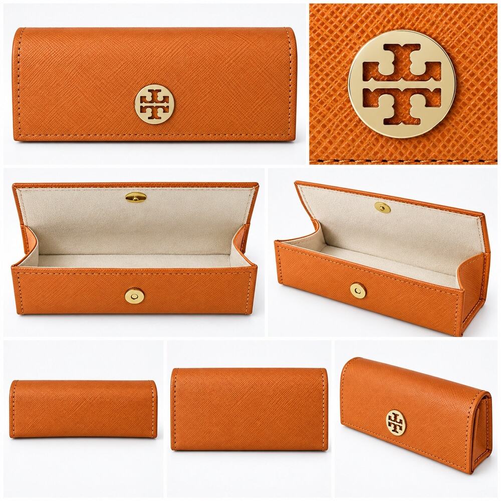 Tory Burch Orange Saffiano Leather Eyeglasses Sunglasses Case Gold Logo Magnetic
